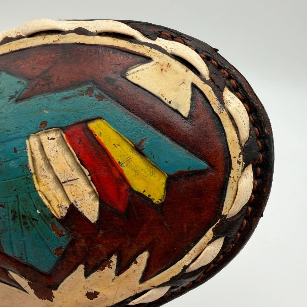 VTG Justin Leather Belt Buckle Hand Tooled Thunderbird Painted Oval 61-P‎